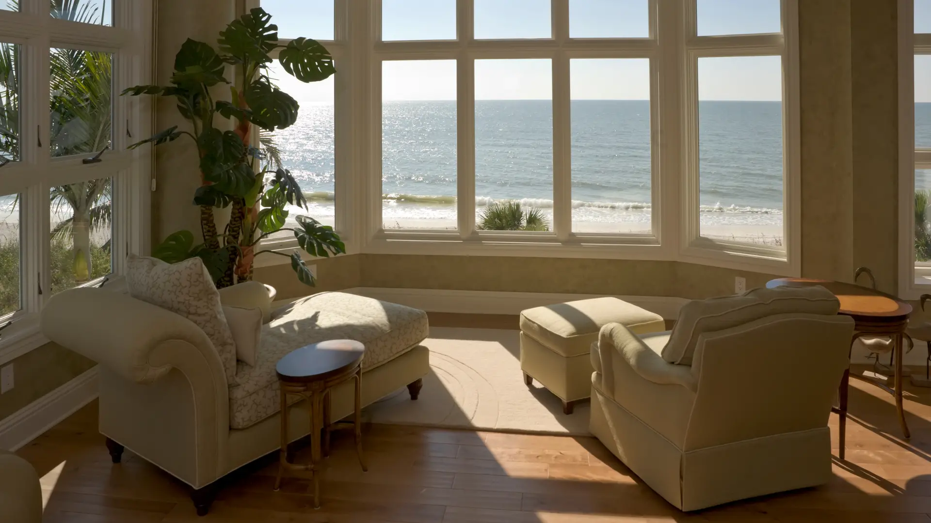 A coastal living room with white seating, indoor plants and large windows overlooking the sea.