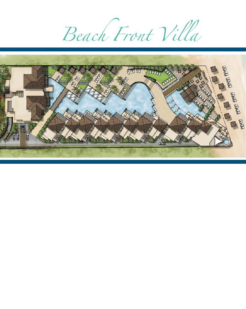 Sereno Beach Front Villa site plan showing a swimming pool, landscaped areas and the arrangement of buildings.