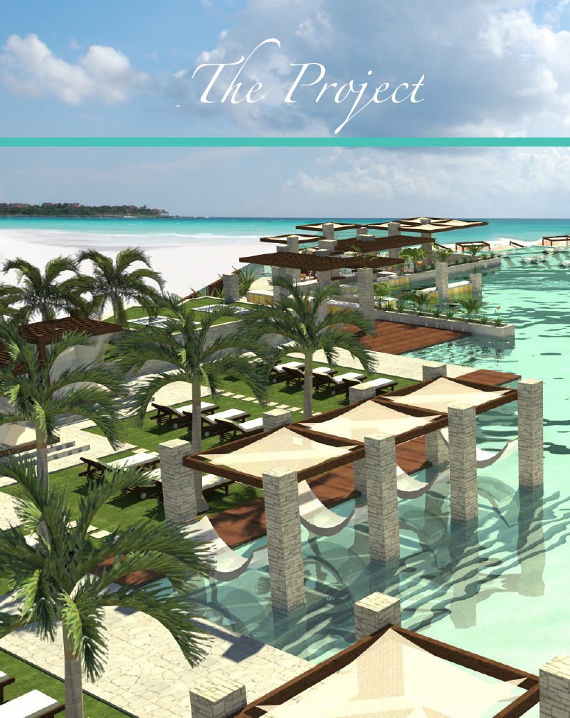 Sereno brochure rendering of coastal villas, swimming pools and landscaped gardens facing the sea.