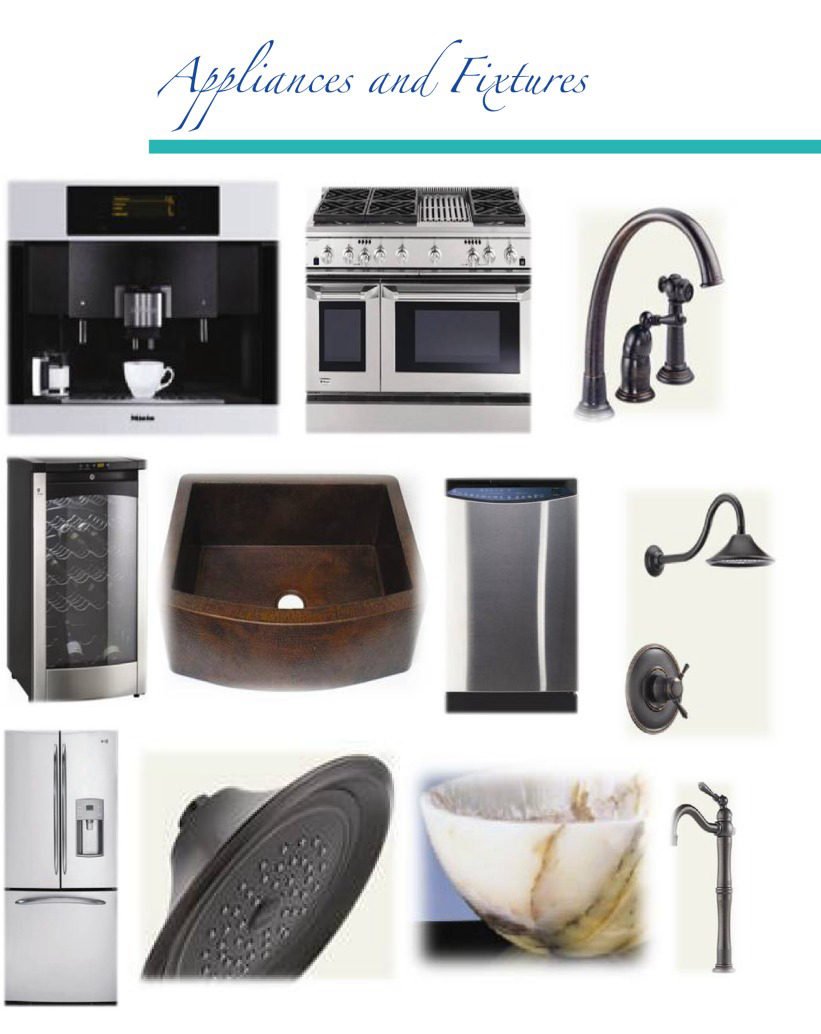 Sereno selection board showing kitchen appliances, washbasins, taps and bathroom fixtures.