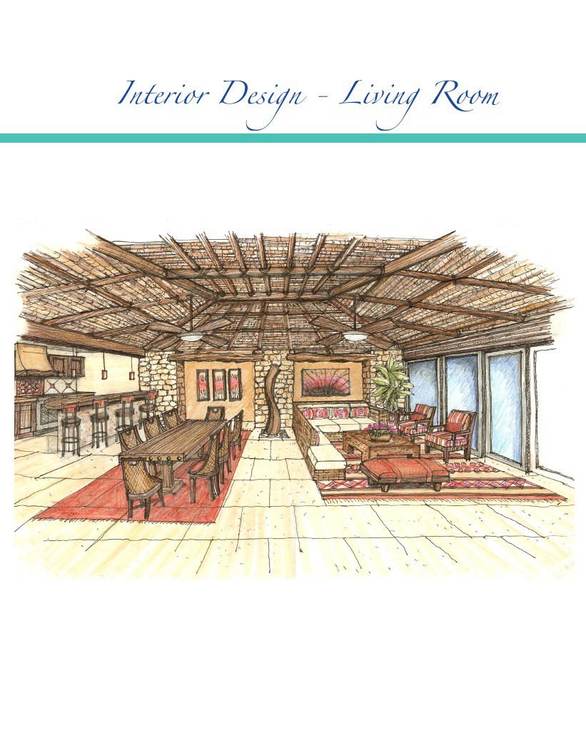 Sereno living-room design sketch with seating, timber ceiling details and a central rug.
