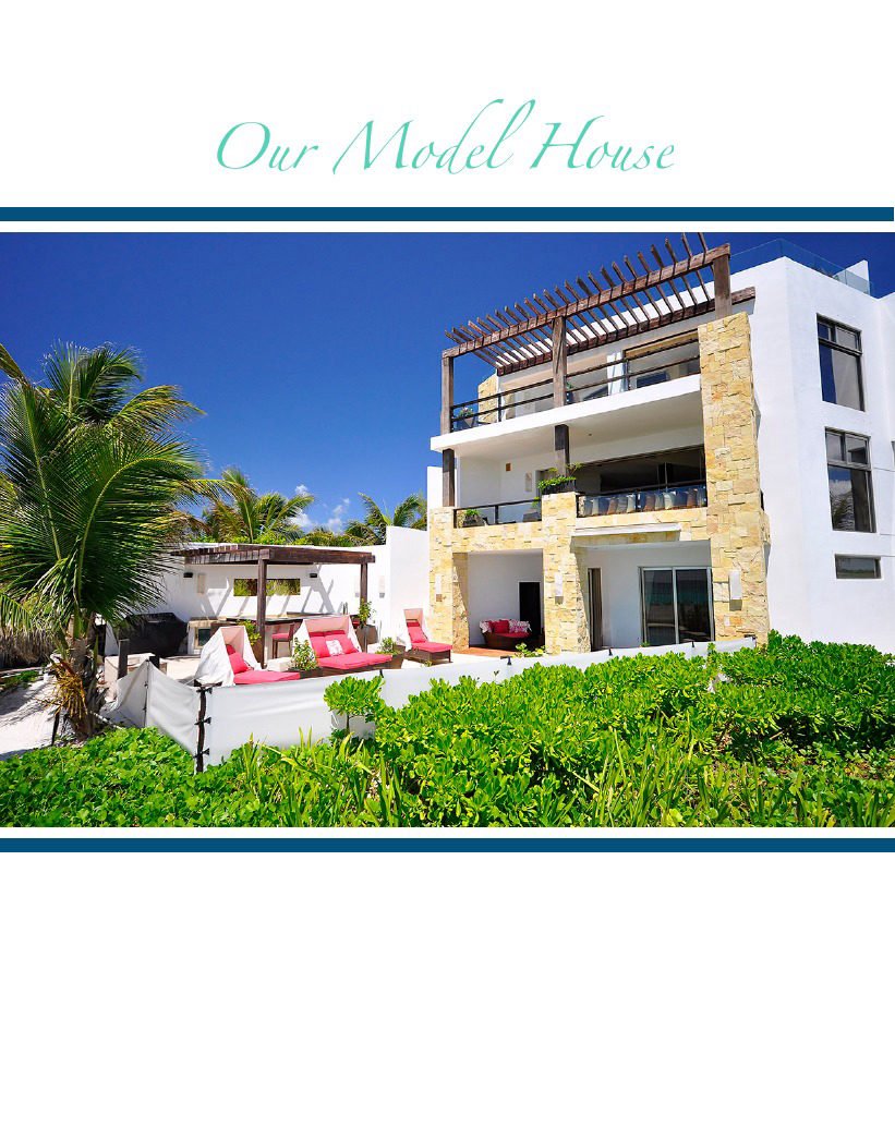 Sereno brochure page showing the completed white model villa with rooftop pergola and landscaped garden.