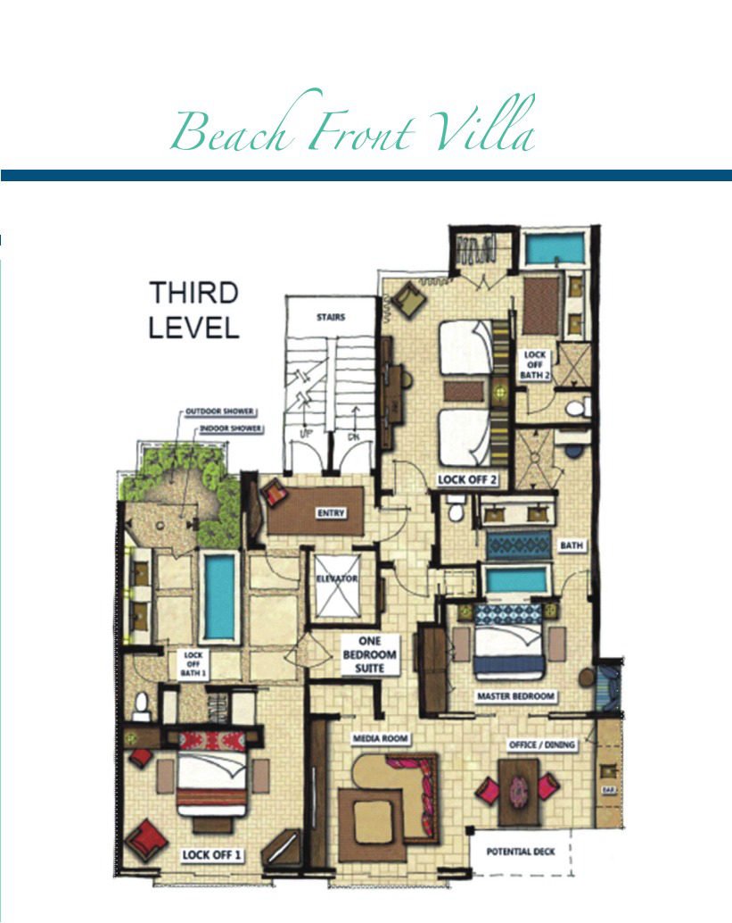 Sereno Beach Front Villa third-level floor plan showing bedrooms, bathrooms, terraces and circulation areas.