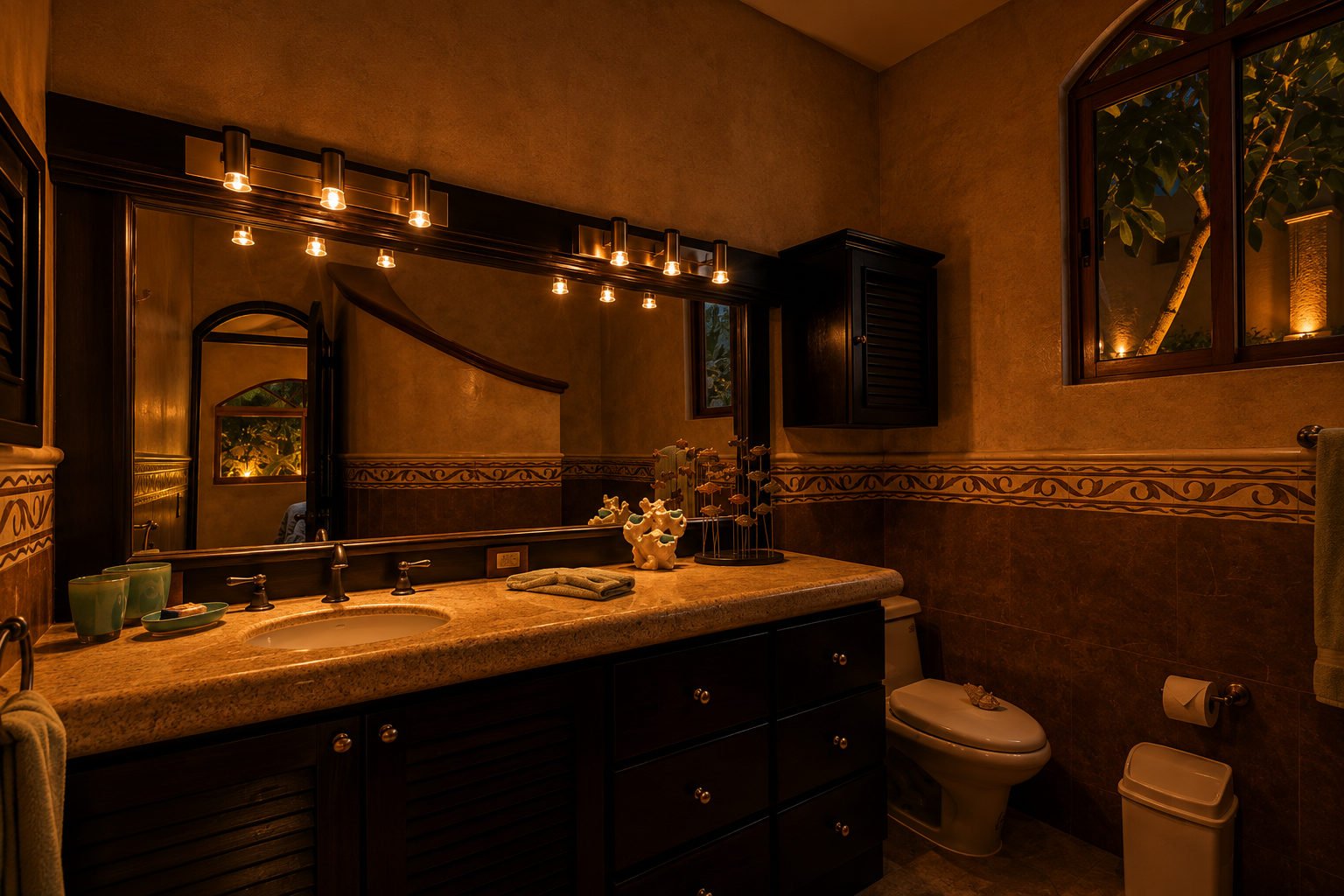 Villa bathroom with twin washbasins, timber vanity cabinets, framed mirrors and a tiled backsplash.