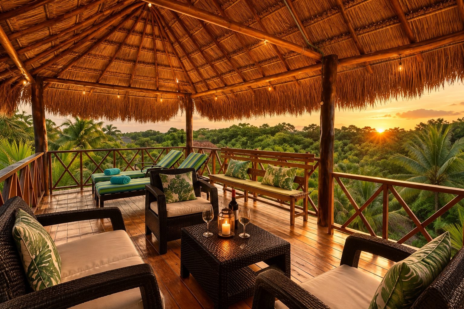 Palapa-roofed terrace at Villa Estefania with lounge seating and a view over the jungle canopy at sunset.