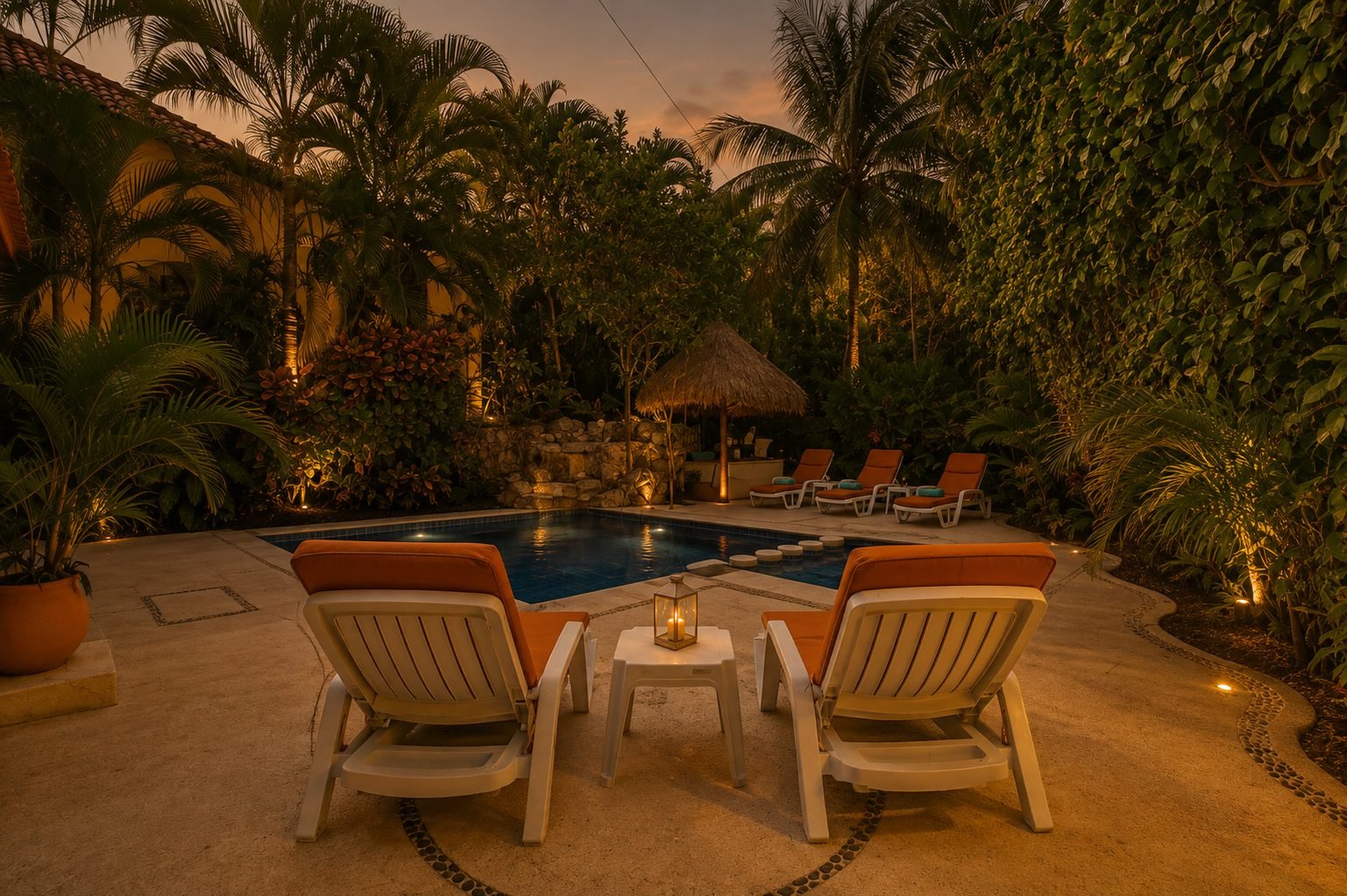 Villa Estefania pool terrace at dusk with sun loungers, a candlelit side table and lush tropical garden.