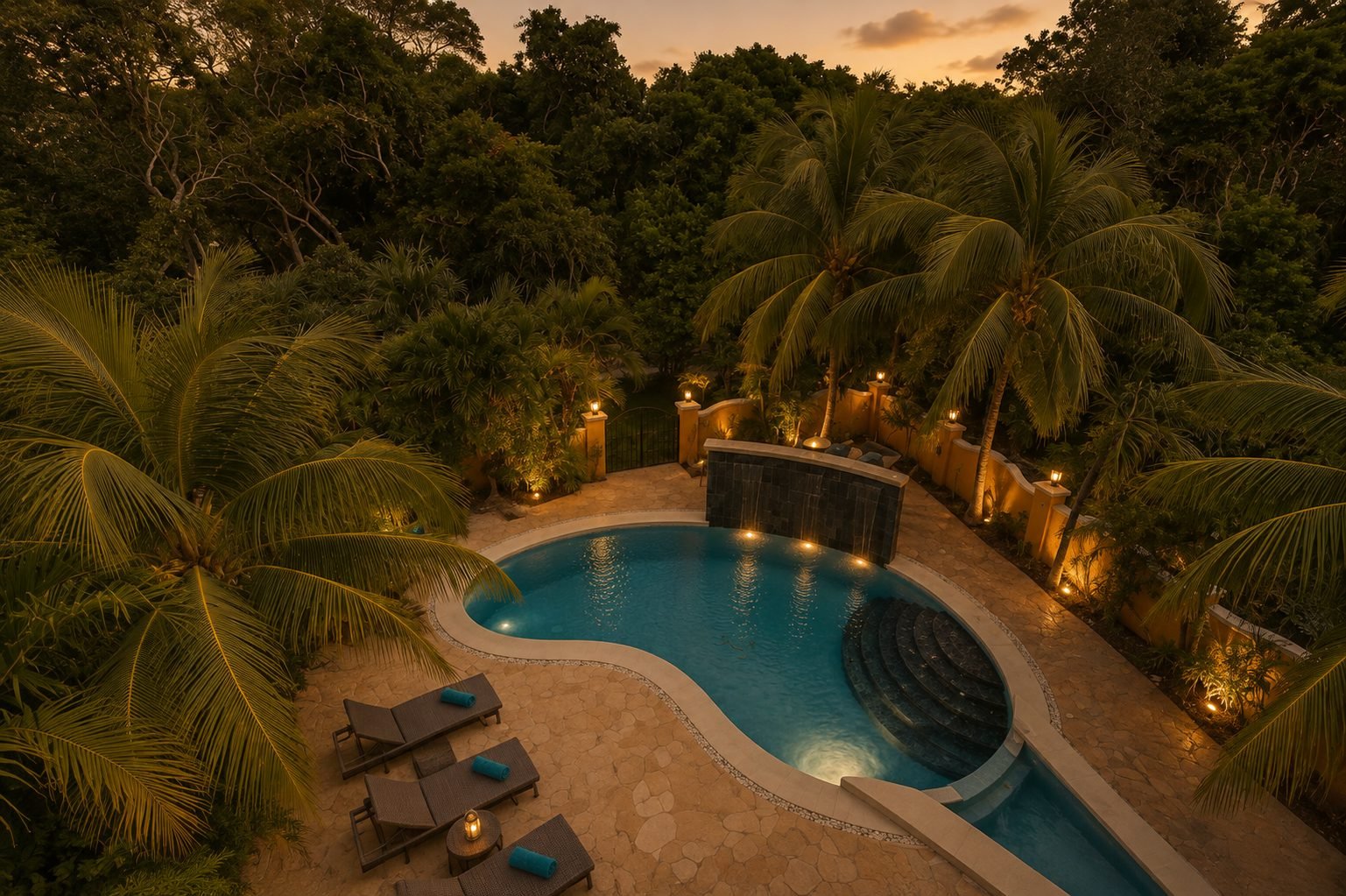Aerial view of Villa La Vida Loca at dusk with a curved swimming pool, water feature, sun loungers and lit tropical garden.