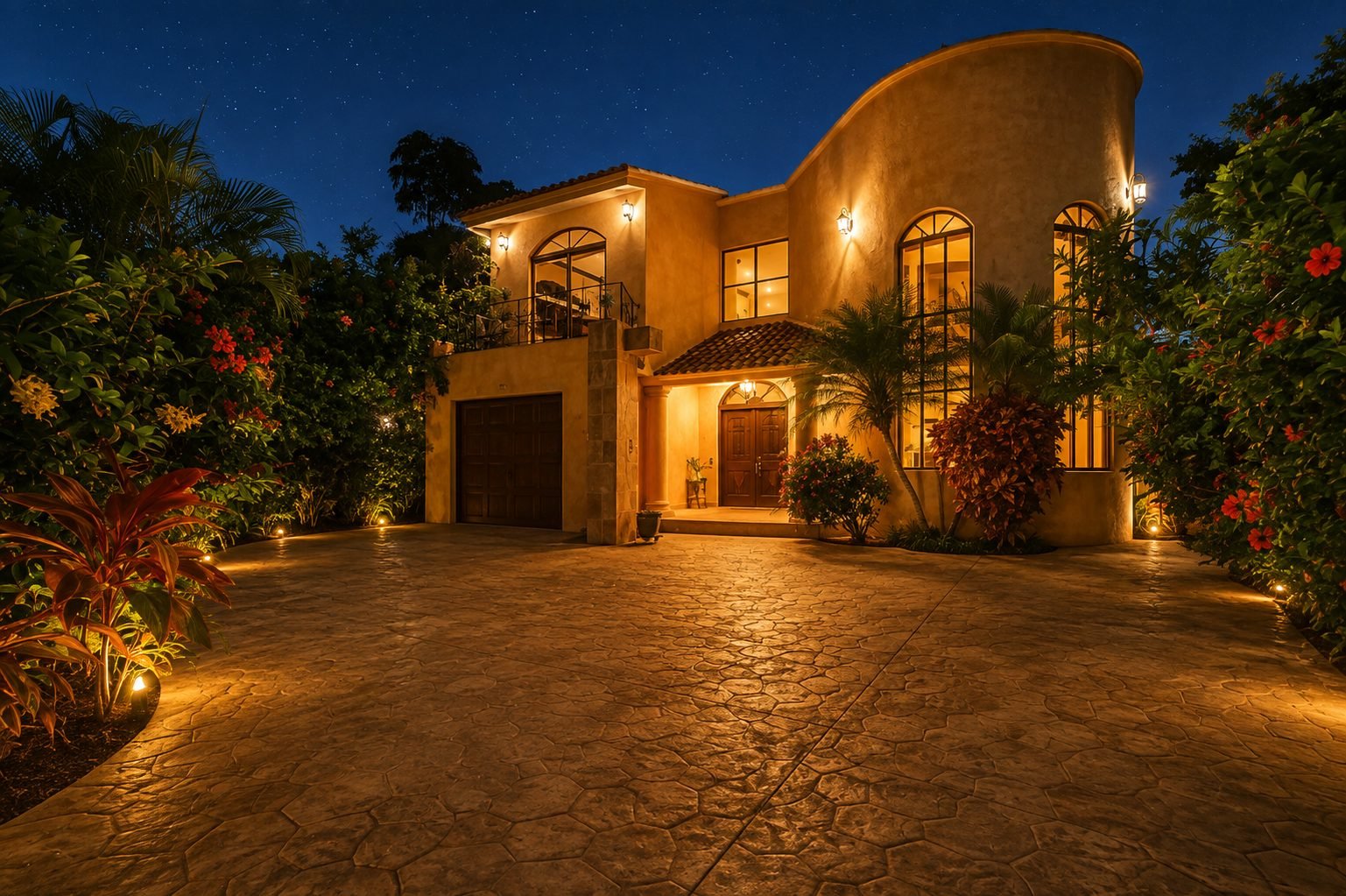 Villa La Vida Loca at night with an arched two-storey facade, garage, stamped-concrete driveway and lit tropical planting.