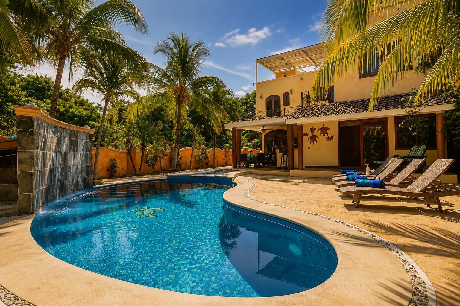 Curved pool at Villa La Vida Loca with a water wall, sun loungers and tropical landscaping in daylight.